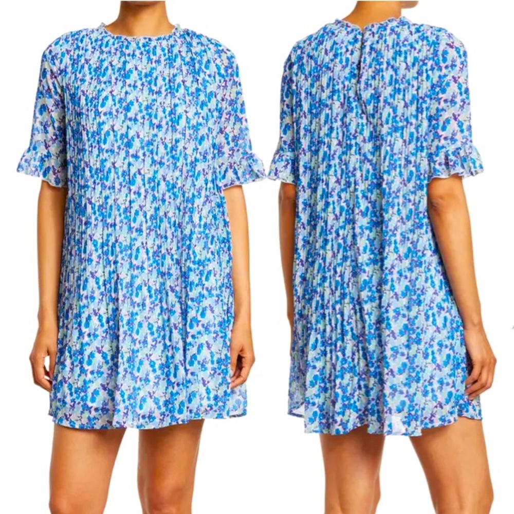 Plisse Short Sleeve Mini Ruffle Neck Dress